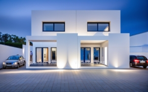 Casas entre medianeras con garaje y patio interior con fachada de hormigón coloreado de alta calidad